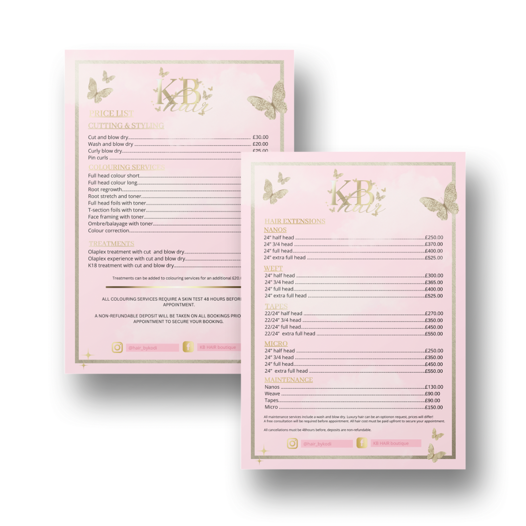 A5 Price Lists Double Sided - Designed & Printed