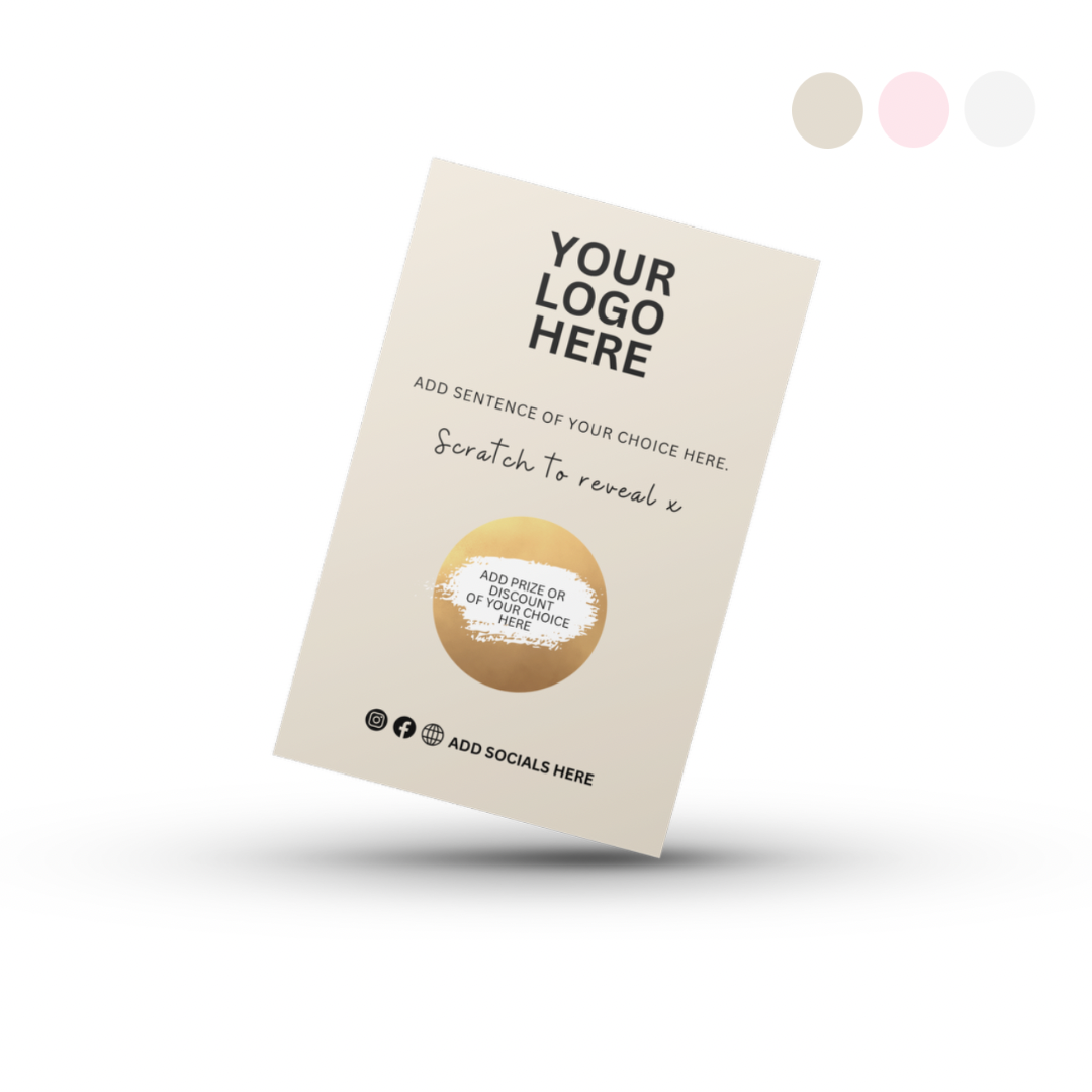 Customised/Branded A7 GOLD Scratch Cards - Grey/Cream/Pink Card