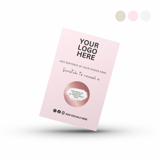 Customised/Branded A7 ROSE GOLD Scratch Cards - Grey/Cream/Pink Card