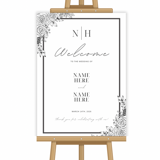Customised Wedding Welcome Sign - Black & White Roses