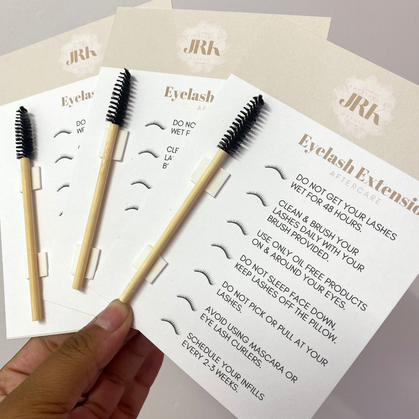 EYELASH Aftercare cards with spoolies/lash brush